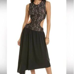 NWT WeWoreWhat Womens Black Lace Cut Out Asymmetric Midi Dress Size Large